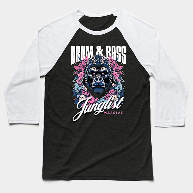 DRUM AND BASS  - Junglist Gorilla Massive (white/blue/pink) Baseball T-Shirt by DISCOTHREADZ 